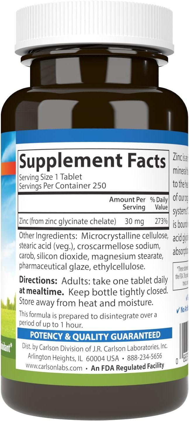Carlson Chelated Zinc 30 mg Chelated Zinc Supplement Zinc Glycinate