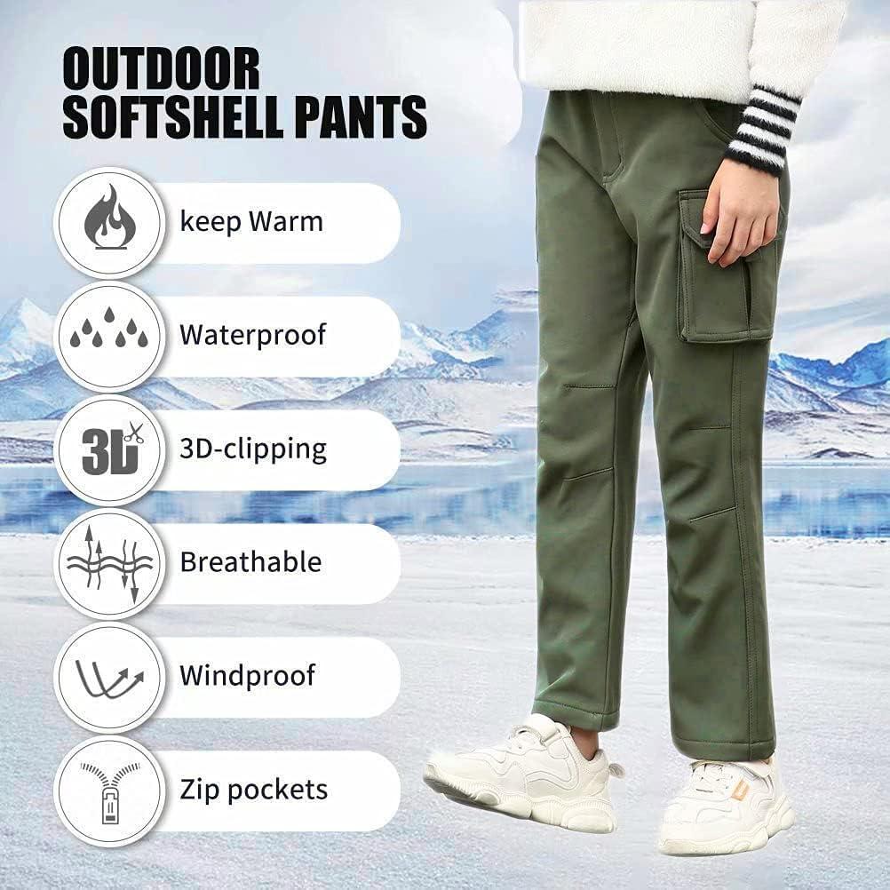 JOMLUN Boys Fleece Lined Hiking Pants Outdoor Soft Shell Snow Ski  Waterproof Windproof Kids Warm Cargo Insulated Pant Winter Green 14-16 Years