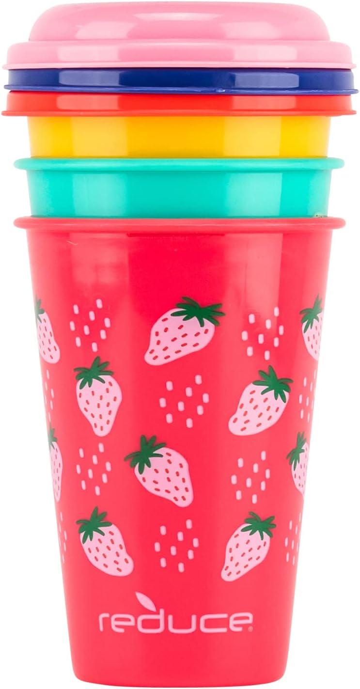 Reduce GoGo's 12 oz Cup Set 5 Pack Plastic Cups with Straws and Lids  Dishwasher Safe BPA Free 5 Fun Designs Strawberry Banana 5 Count (Pack of  1) Strawberry Banana