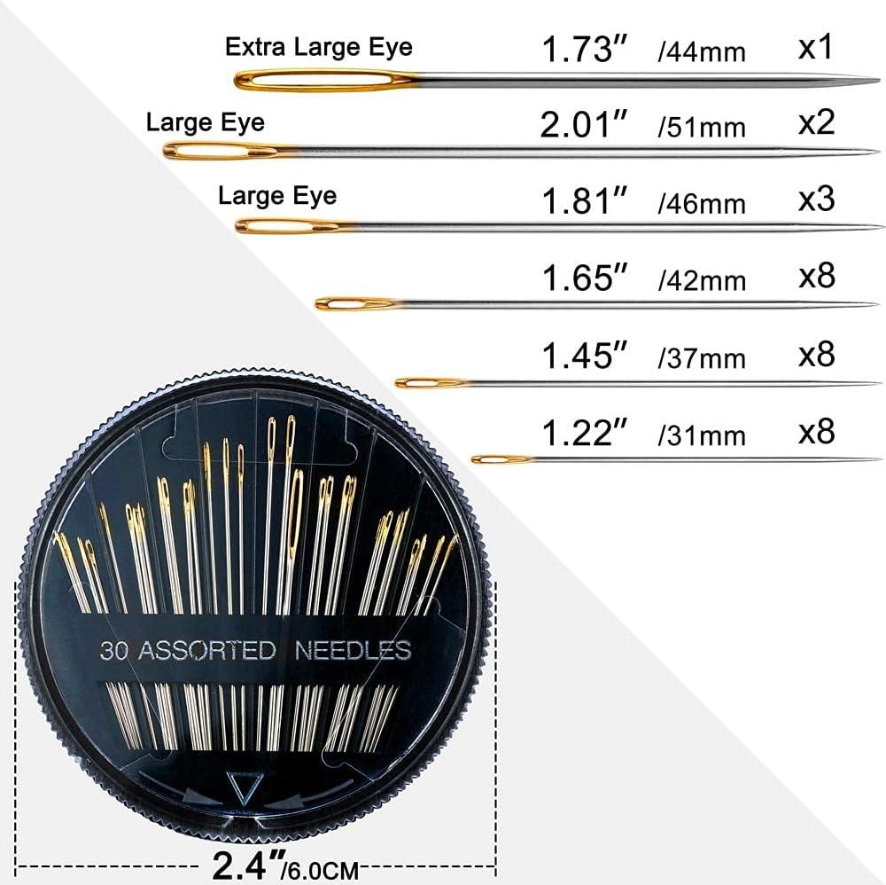 30 PCS 5 Sizes Stainless Steel Large Eye Hand sewing Needles Embroidery  Assorted