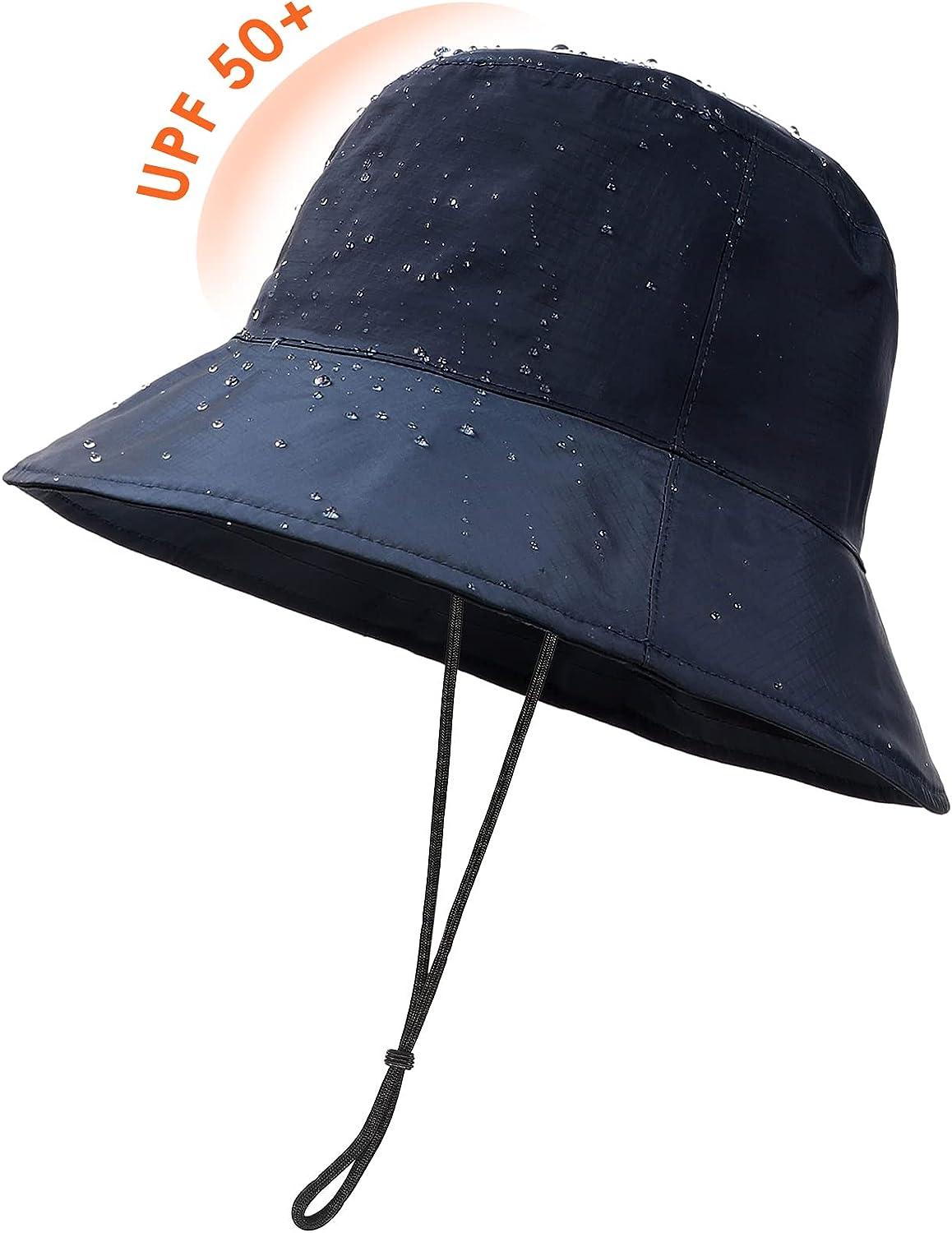 Womens Waterproof Bucket Sun Hat UPF 50+ Outdoor Beach Boonie Floppy Rain  Hat for Men Fishing Hiking Safari Cap with Strings Navy Blue (Hc: 23.62'')  One Size-Medium