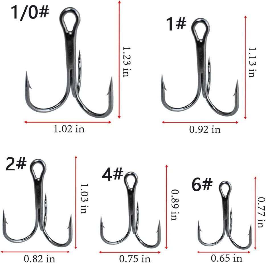Drasry Fishing Treble Hooks Set for Saltwater Freshwater Size 1/0 to 16  High Carbon Steel Different Fish Hook 50pcs/Box Black #6 to #1/0 Large