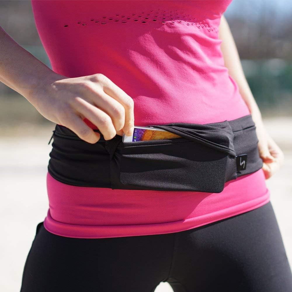 3 Pocket Adjustable Running Belt Waist Pack, Fanny Pack For Working Out  With Sweat Resistant Backing, Holds All iPhone Models Black/Black  Small/Medium
