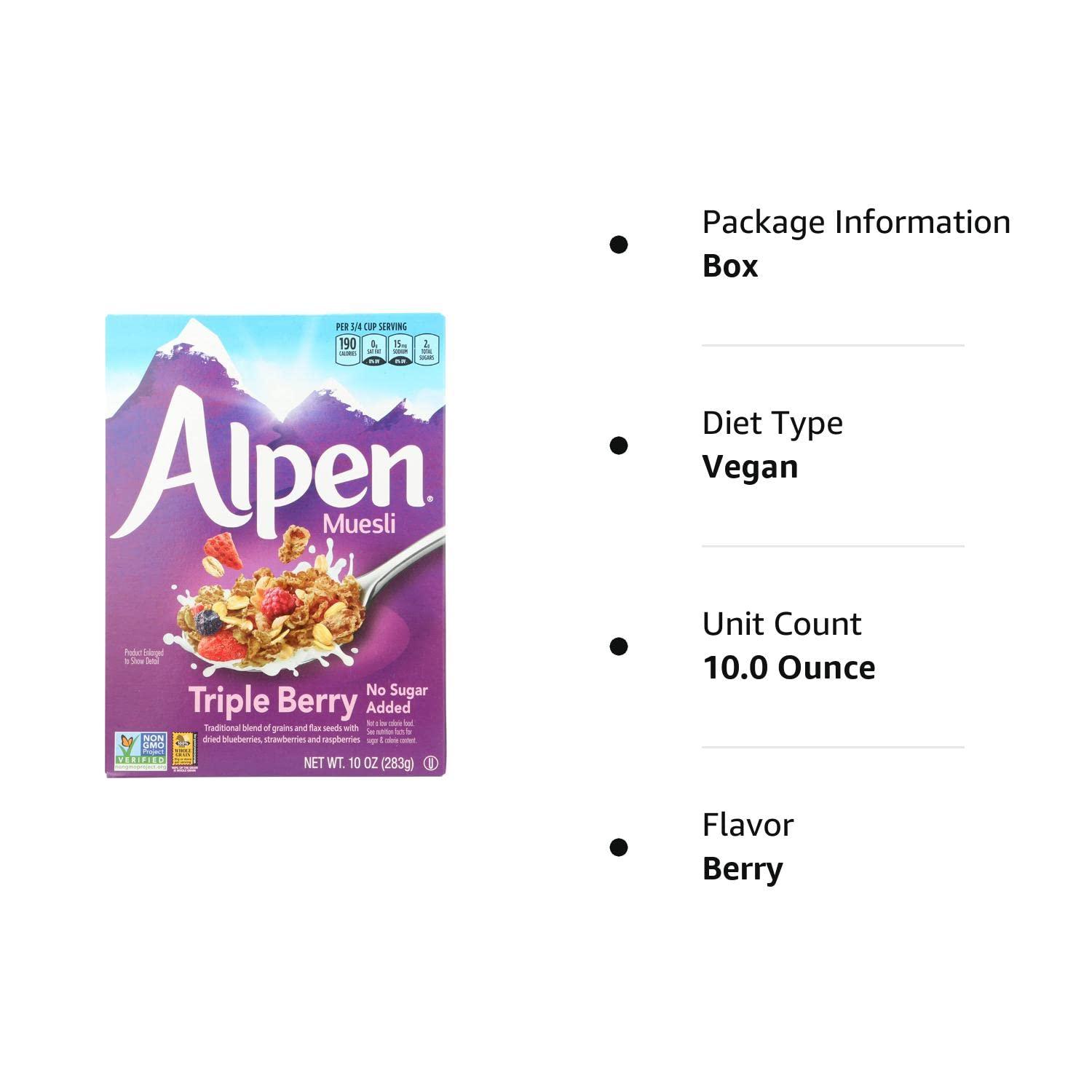 Alpen Triple Berry No Sugar Added Muesli, Swiss Style Muesli Cereal, Whole Grain, NonGMO