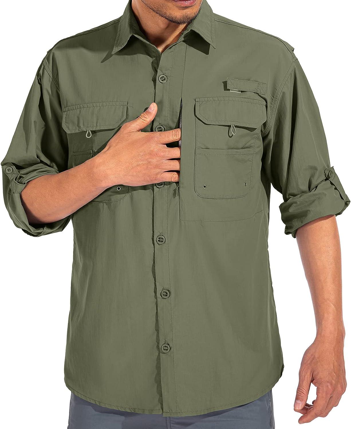 linlon Mens Safari Shirts Long Sleeve UV Protection Hiking Fishing UPF 50+ Quick  Dry Cooling Camping Travel Shirts X-Large Army Green