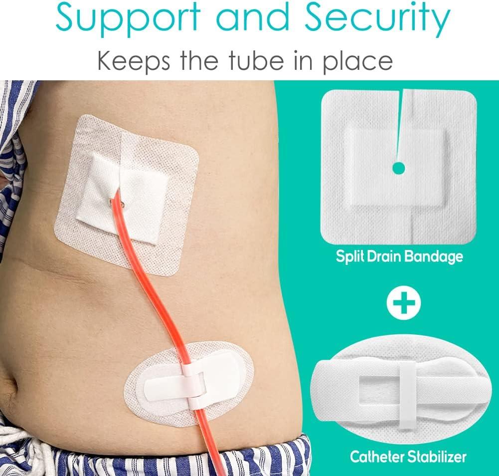 Split Drain Adhesive Bandage for Feeding Tube and PD Catheter 4x4