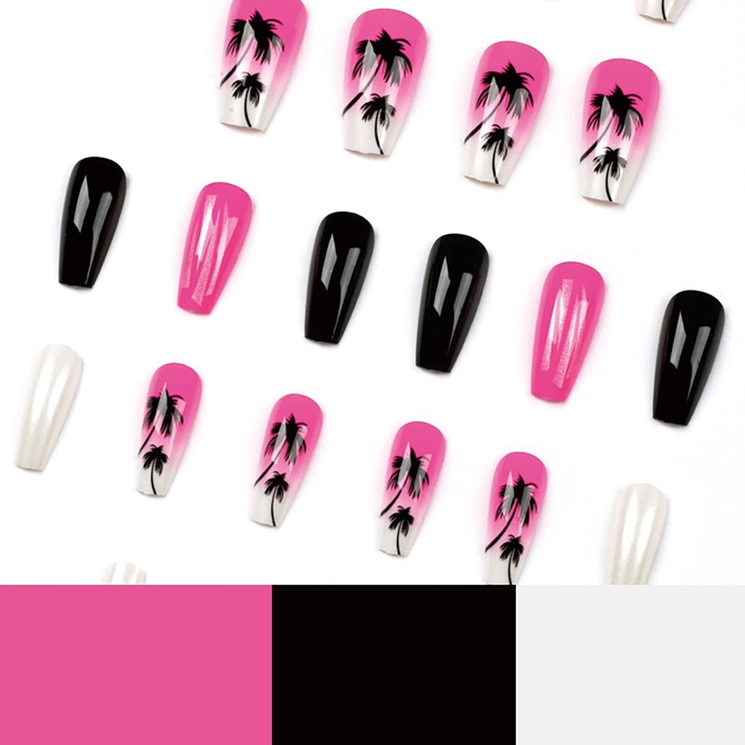 Glossy Black Floral and Pink Glitter Press on Fake Artificial Nails / – The  NailzStation