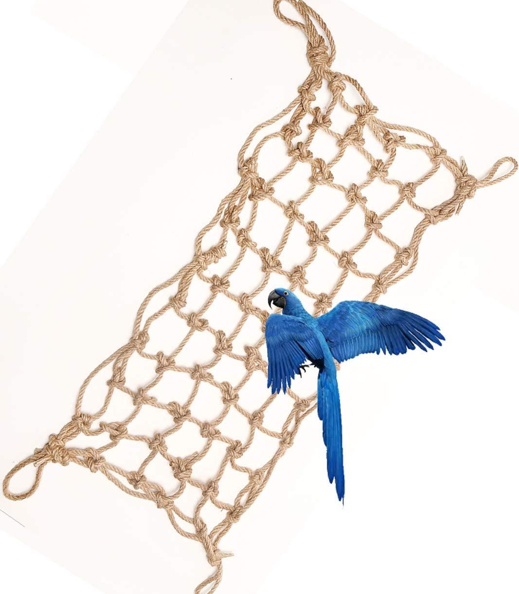 Bird Hemp Rope Net Swing,Parrot Perch Climbing Rope Ladder,Hammock Hanging  on Parakeet Cage wiht 2 Hooks,Chew Toys for Greys  Cockatoo,Cockatiel,Conure,Lovebirds,Canaries,Little Macaw 13.8 x 23.6