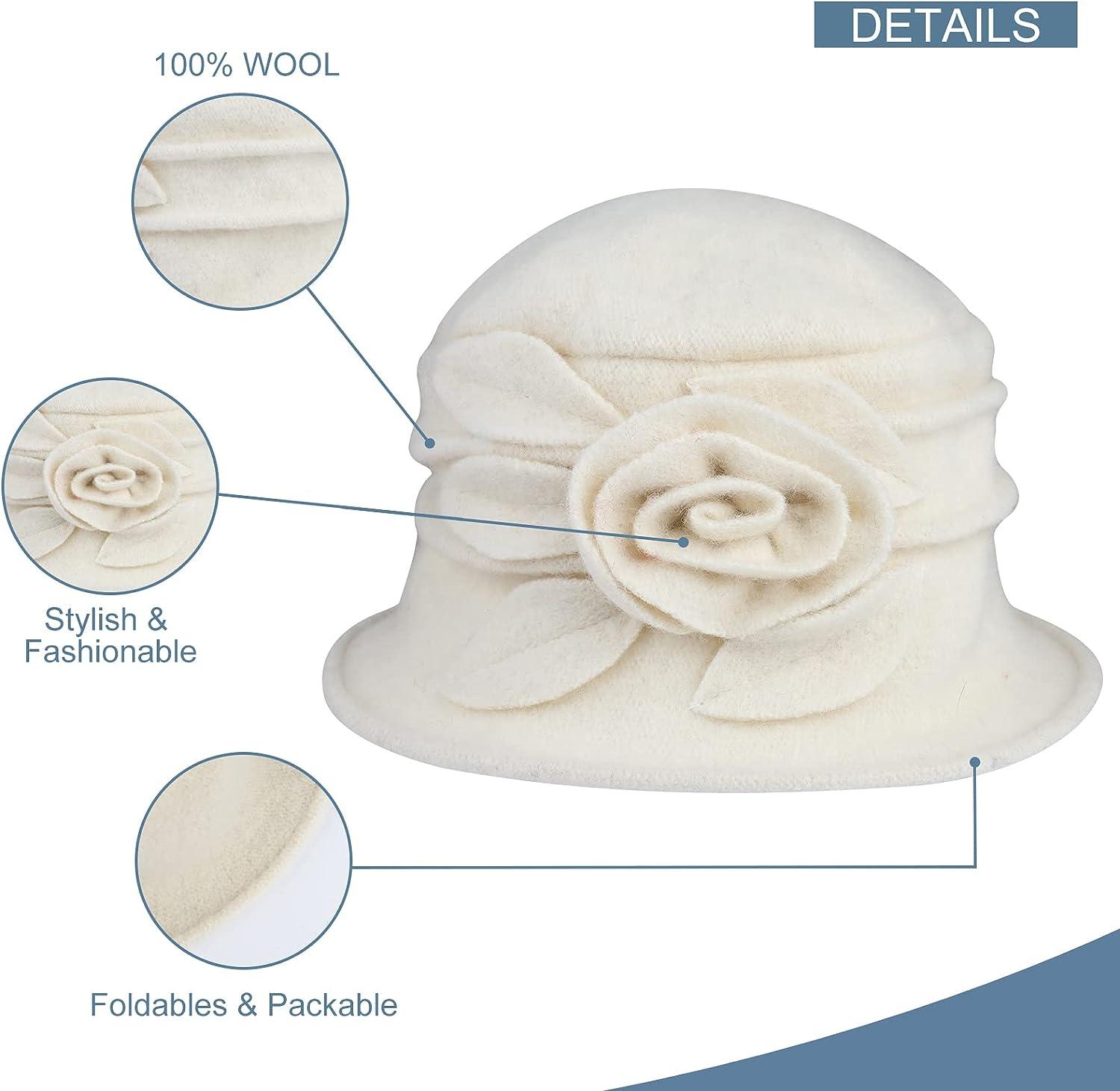 West See Dames Vintage wollen cloche bucket hoed baret pothoed met bloemendetail wintermuts, zwart, One size