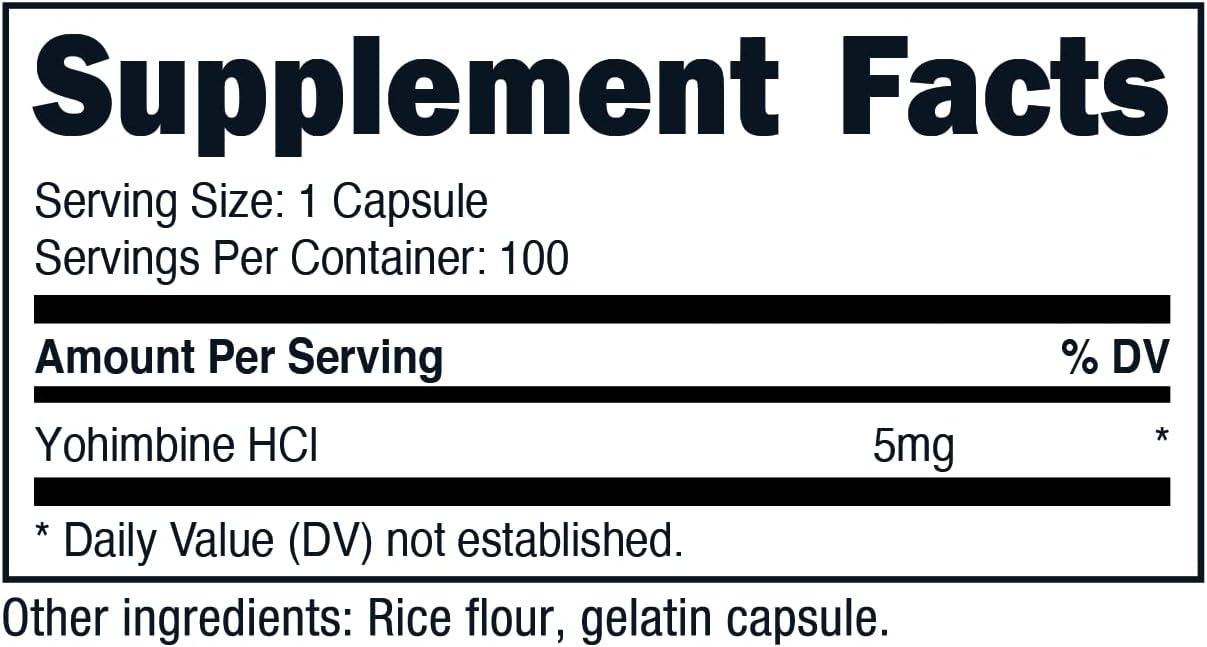 Nui Nutra Yohimbine HCl Extra Strength Supplement 5mg 100 Capsules Yohimbe Bark Extract for