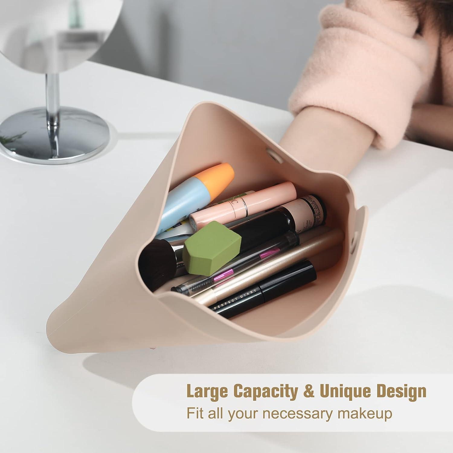 FERYES Makeup Bag & Travel Makeup Brush Holder Silicon Soft Portable  Cosmetic Brushes Holder Toiletry Bag for Travel-Khaki