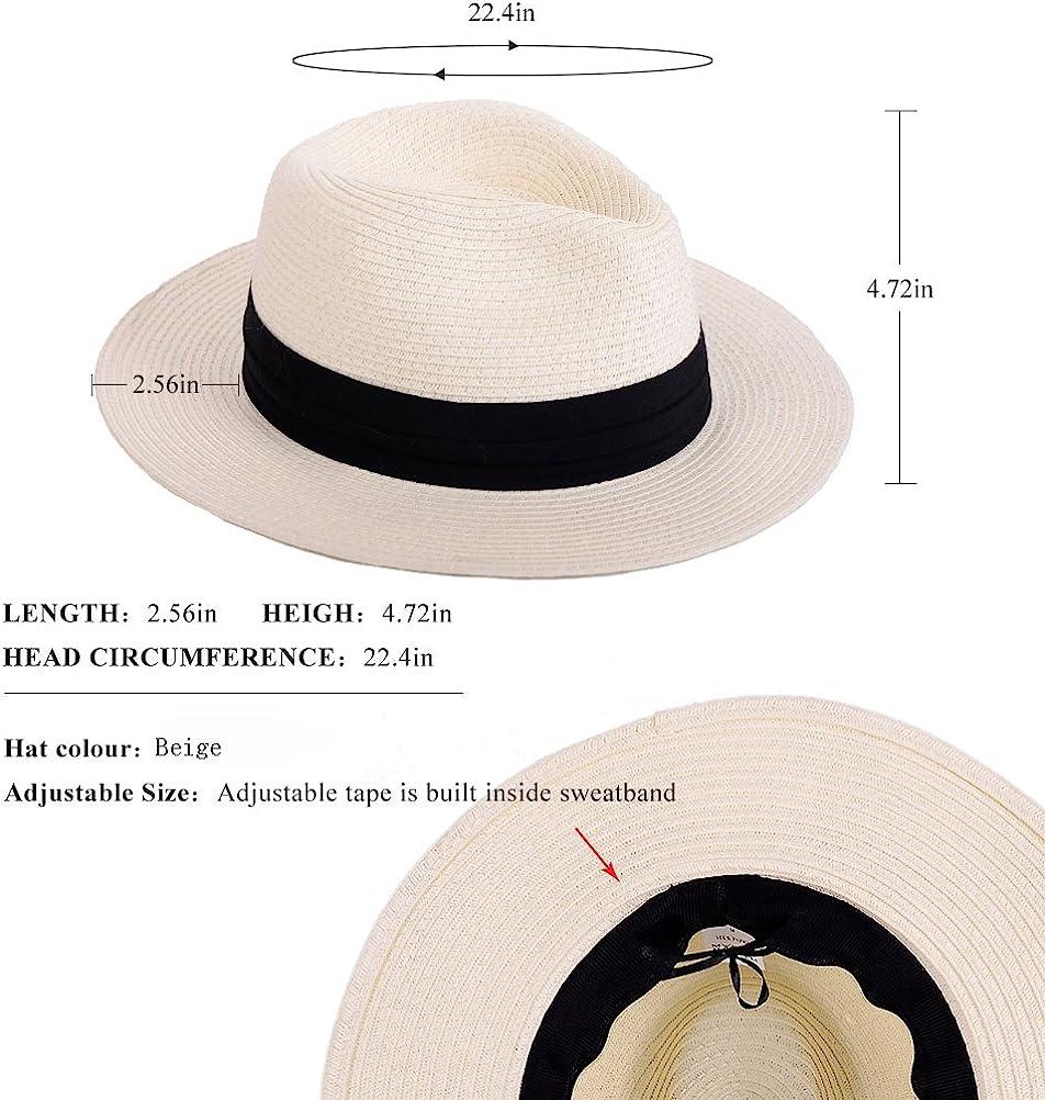 Panama Straw Hats for Women Summer Beach Sun Hat Wide Brim Fedora Cap UPF50+  Beige