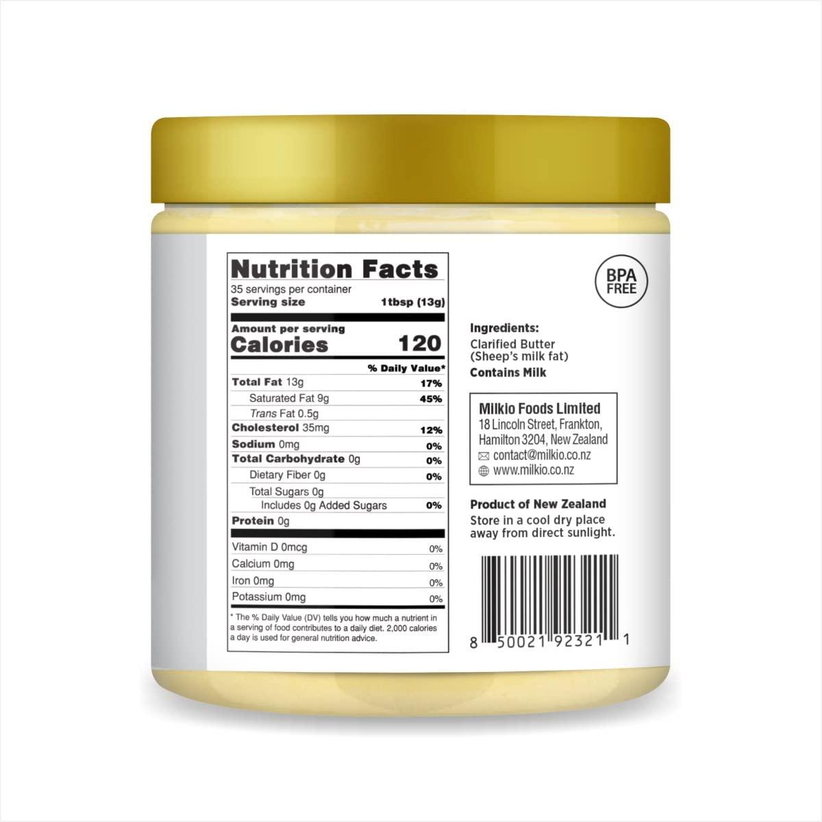 MILKIO Grass Fed Sheep Ghee 16 FL Oz Halal Kosher Certified Clarified