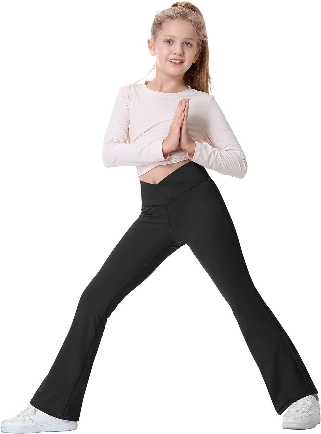 Aurgelmir Girls' Foldover Waist Flare Leggings Bootcut Active Yoga Dance  Athletic Pants with Pockets Black 13-14 Years