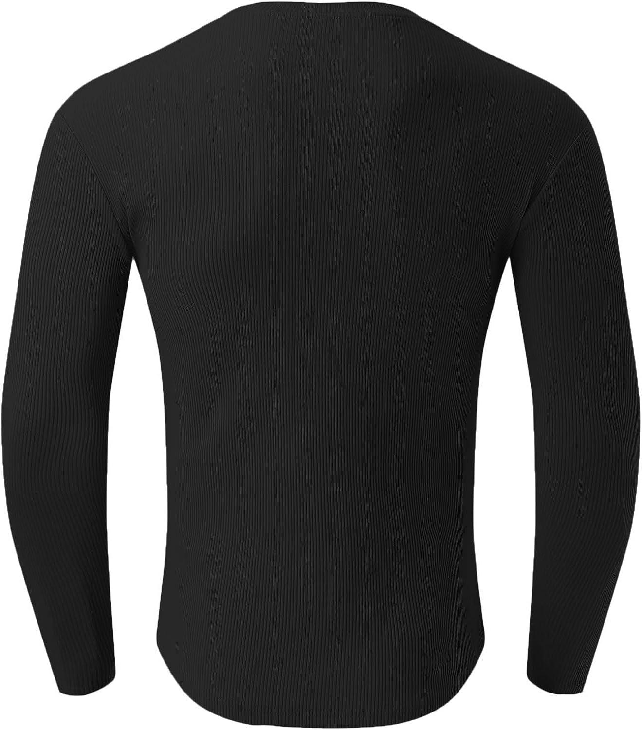 Men's Knit Rib Sports T-shirts Muscle Slim Fit Elastic Henley V Neck Tops  Athletic Gym Workout Long Sleeve Tshirt Black 3X-Large