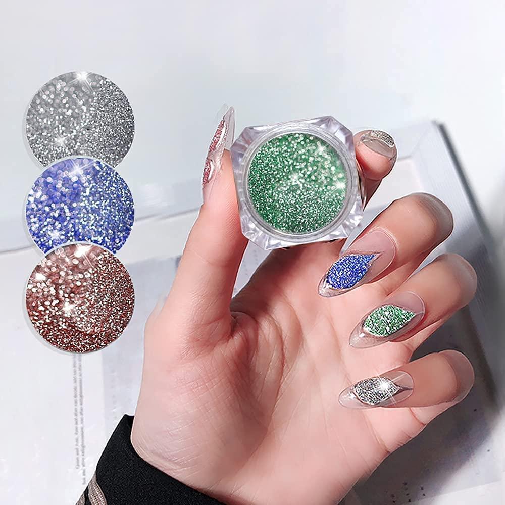 Tecanne Sparkling Diamond Nail Powder Laser Silver Reflective Nail Glitter  Dust Fine Shiny Pigment Holographic Super Bright Party Nightclub for Nail  Art Decorations 8 Boxes