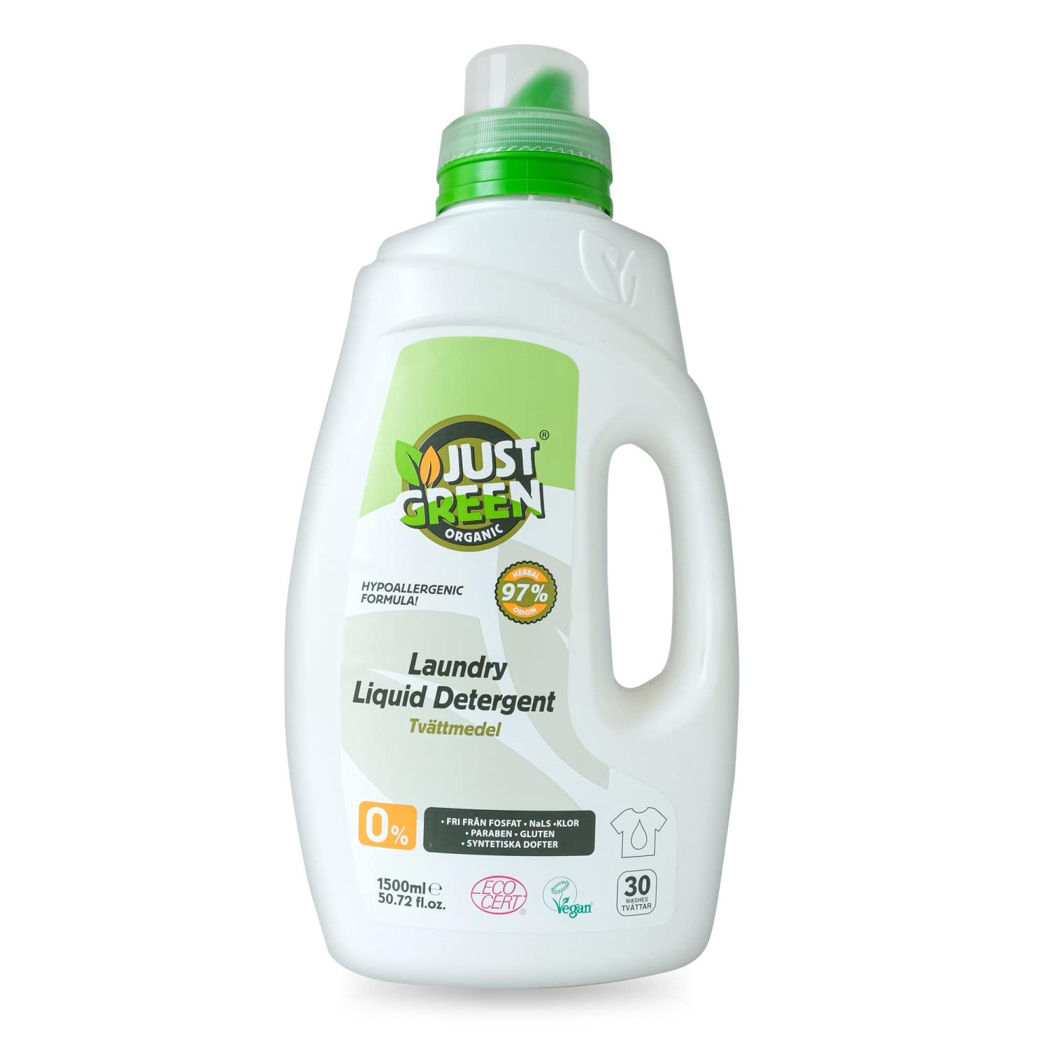 Just Green 1500ml Organic Laundry Liquid NonToxic, Vegan & EcoFriendly Detergent Safe for