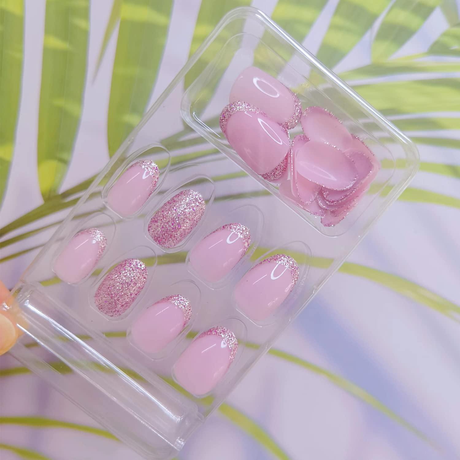 French Pink Glitter Press on Nails | Medium/Short Round Acrylic