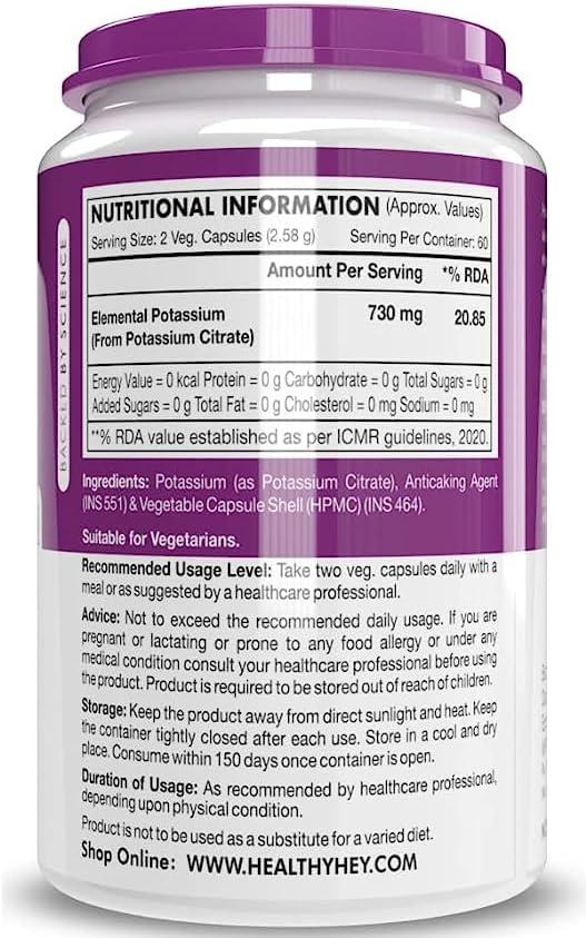 Potassium Citrate Supplement 120 Veg Capsules Essential Mineral for