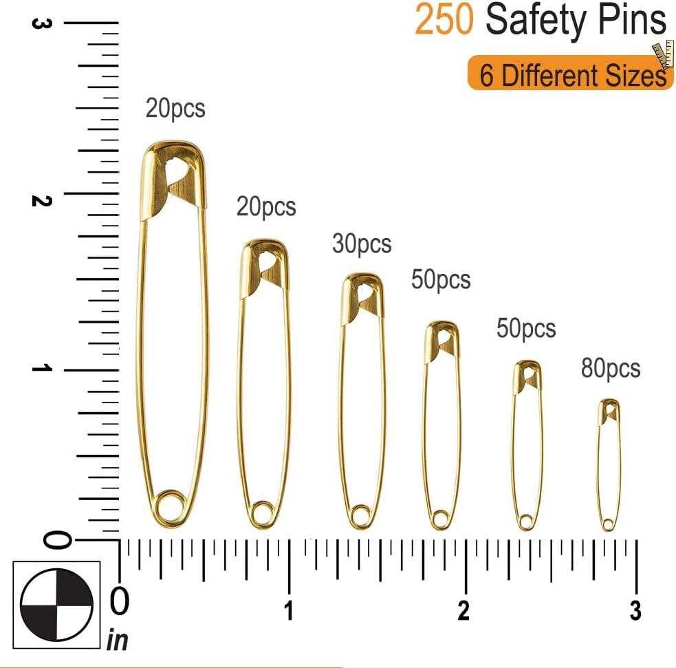 Atteched 250 Pcs 6-Size Pack of Safety Pins Top-Notch Small and Large Safety  Pin Strong & Rust-Resistant Safety Pin for Clothes Hijab Sewing (Gold)