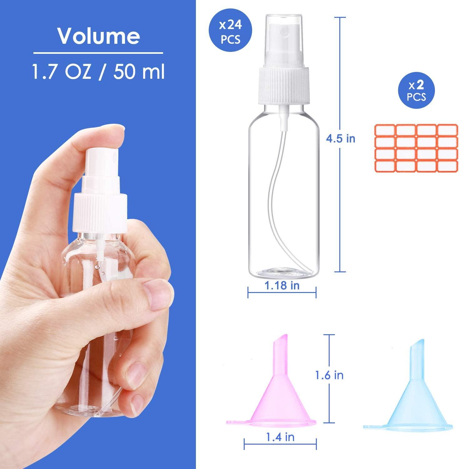 24 Pcs Spray Bottles 2oz / 55ml Clear Empty Mini Mister Spray Bottles  Refillable Container Pocket Size Sprayer Set Essential Oils Travel Cleaning  Solution Makeup Bottles with 2pcs Funnels 32pcs Labels White