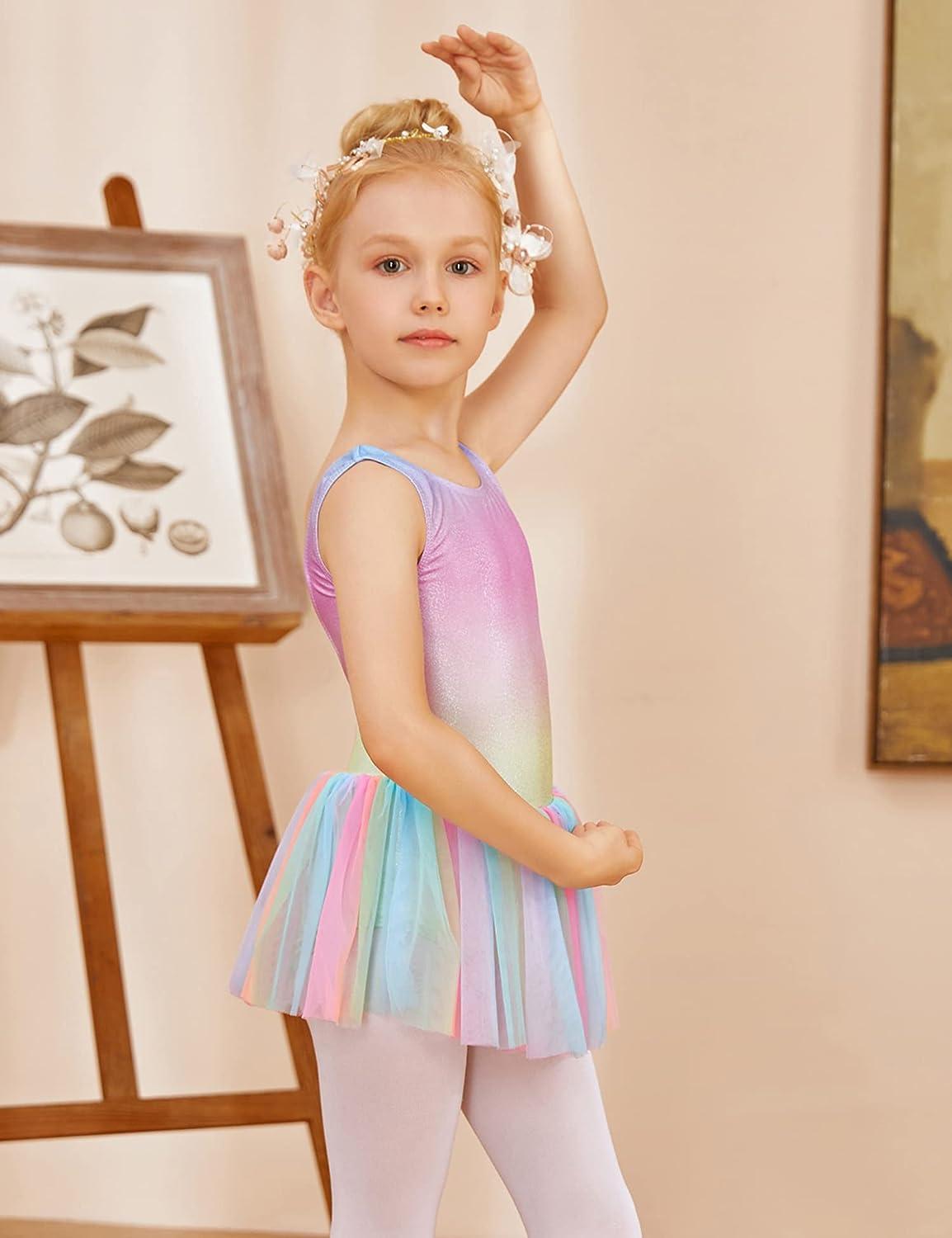 Arshiner Little Girls Sparkly Sequin Ballet Skirted Leotards Tutu Dress  Ballerina Cross Straps Back Dance Outfits for Kids Rainbow 6-7 Years
