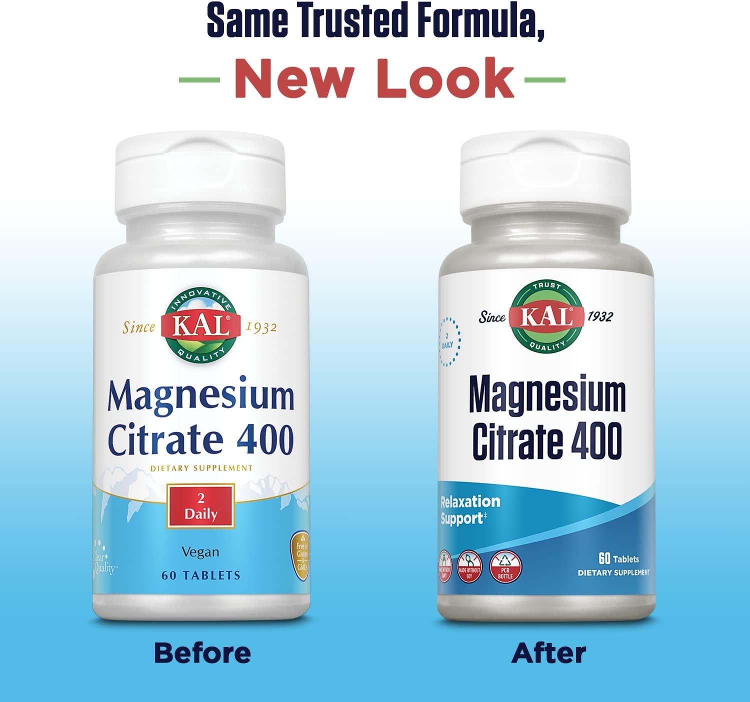 KAL Magnesium Citrate 400mg Supplement for Muscle Function & Nerve ...