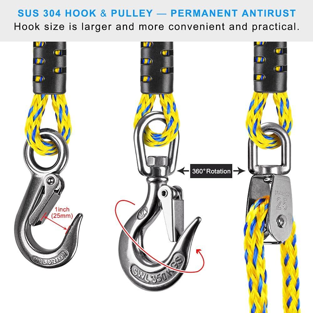 Dolibest 16ft Boat Tow Harness Boat Tow Ropes, Easy Connection w/ 3 Large Stainless  Steel Hooks for Tow 1-4 Rider Towable Tube 16 ft with Pulley