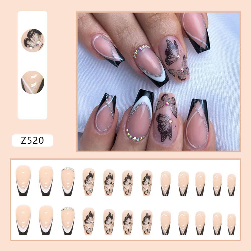 diduikalor Press on Nails Medium Coffin Fake Nails Summer with Palm Tree  Design Acrylic Medium length Glue on Nails Glossy Black Red Stick on Nails  Artificial False Nails for Women 24Pcs