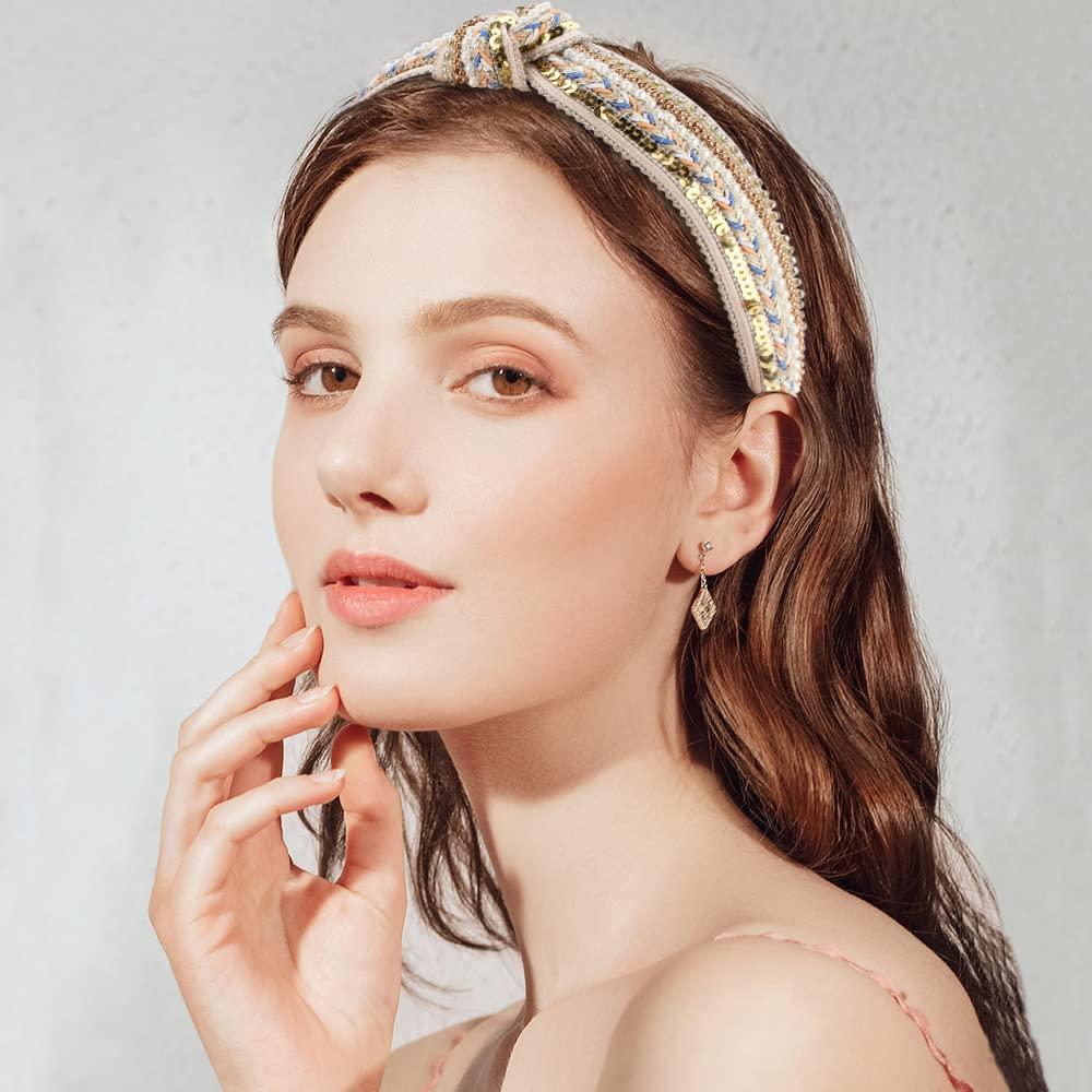 TOBATOBA Pack Rhinestone Pearl Beaded Knotted Headbands for