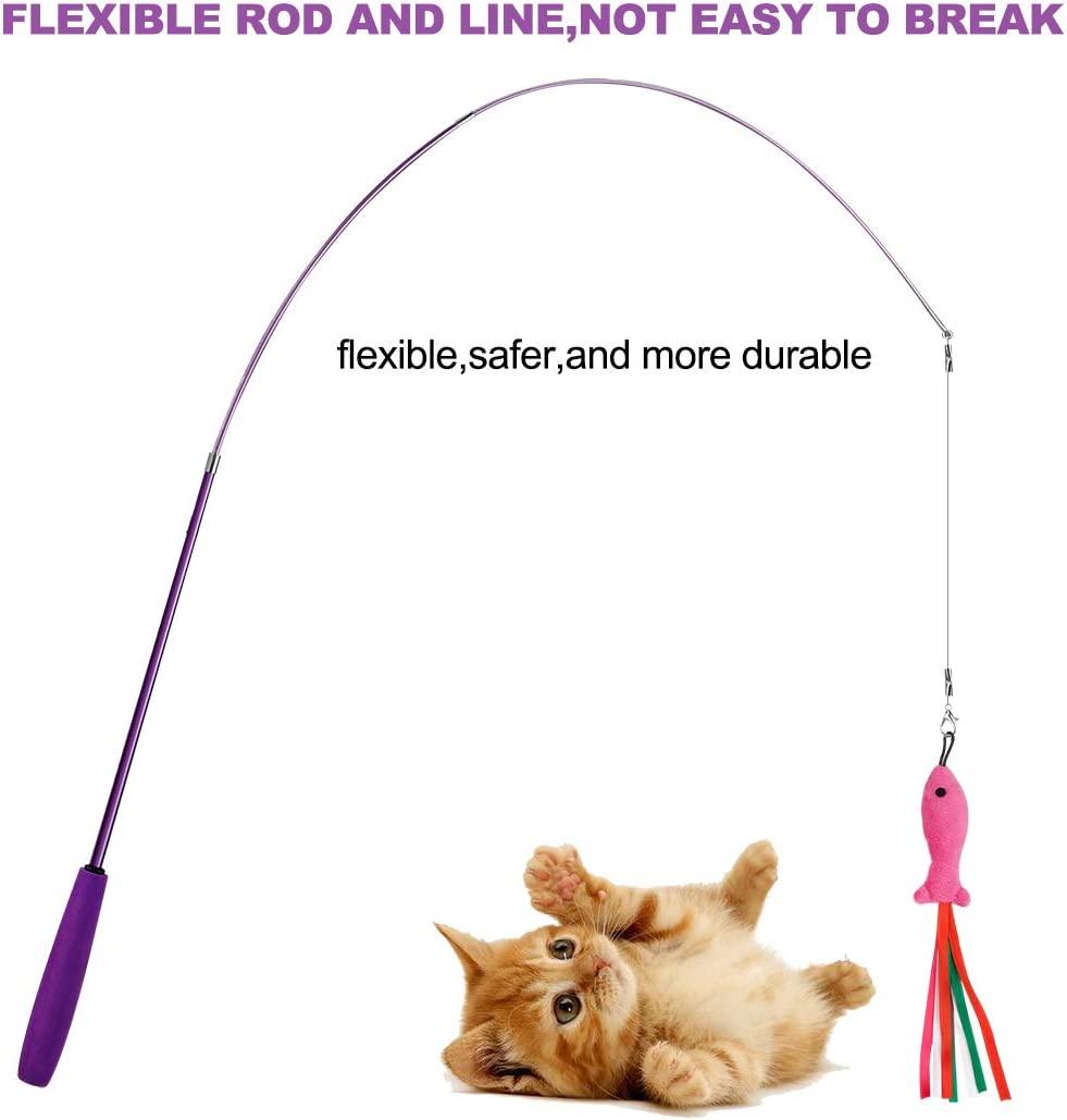 Retractable Cat Toy Wand, 11 Packs Interactive Cat Feather Toys, 7 Worms  and 1 Fish Teaser Assorted Cat Teaser Refills with Bell, Include 1 Replacement  Line, Fun Toy for Cat Exercise