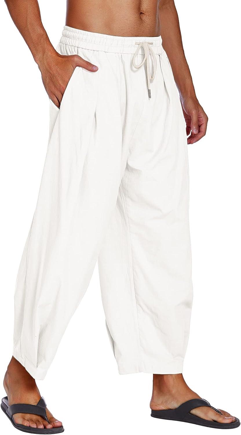 COOFANDY Men's Cotton Linen Harem Pants Drawstring Casual Cropped Trousers  Lightweight Loose Beach Yoga Pants with Pockets White X-Large