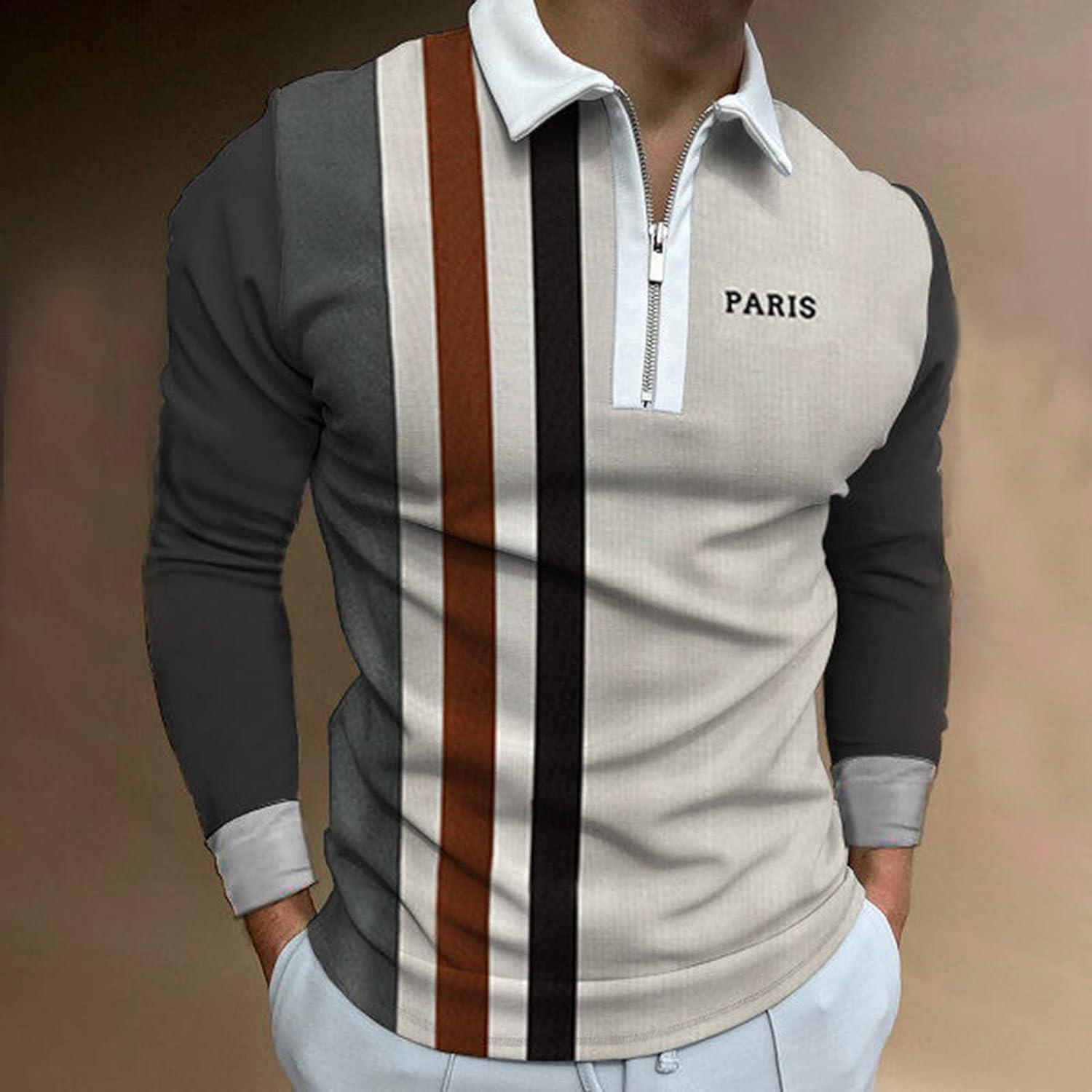 ZNNE ZDFER Zipper Polo Shirts for Mens, Fall Summer Patchwork Slim Fit Long  Sleeve T Shirt X-Large