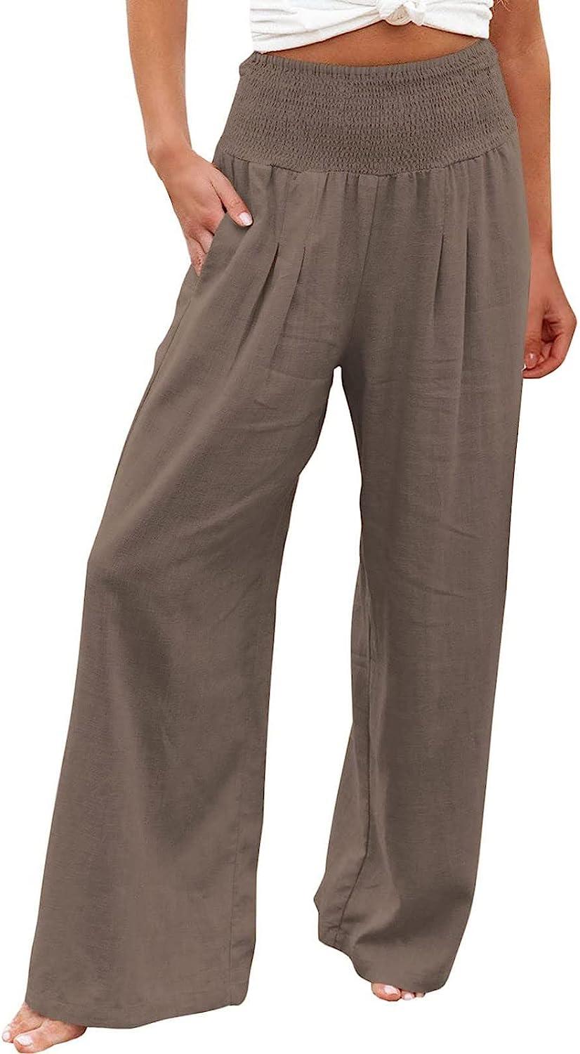 SCUSTY Women's Summer Cotton Linen Wide Leg Pants Drawstring High Waist Palazzo  Flowy Beach Trousers with Pockets(Apricot-XS) at  Women's Clothing  store