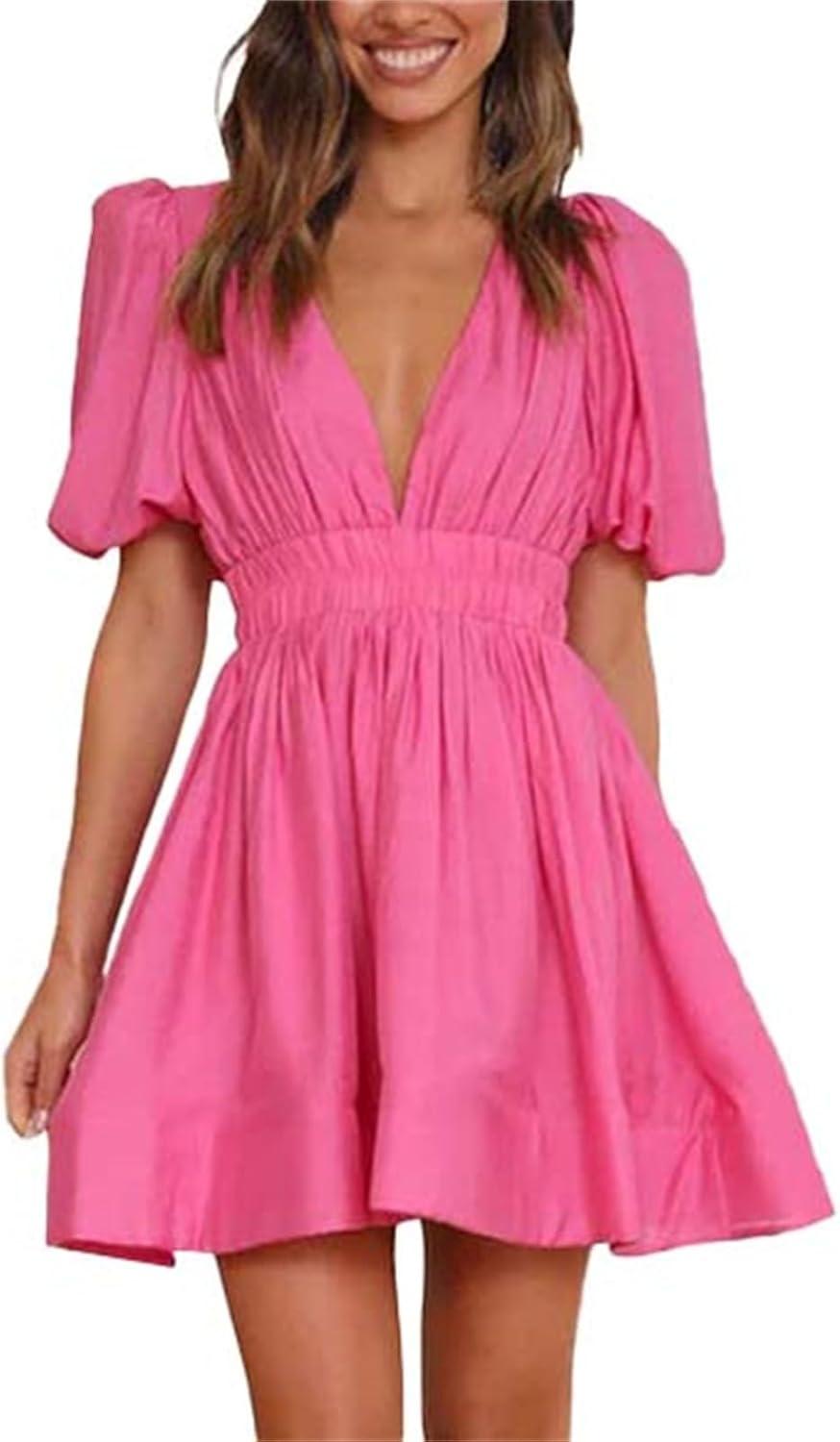 Women's Summer Style New Fresh Sweet Deep V Waist Elastic Pleated Dress Formal Beaded Sleep Wear Dress Women Plus Hot Pink Large