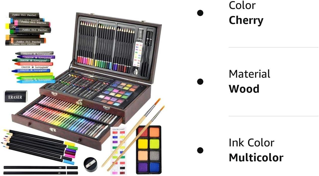 Writenbaco 145 Piece Deluxe Art Set, Wooden Art Box & Drawing Kit with Oil Pastels, Crayons, Colored Pencils, Watercolor Cakes, Brushes, Creative