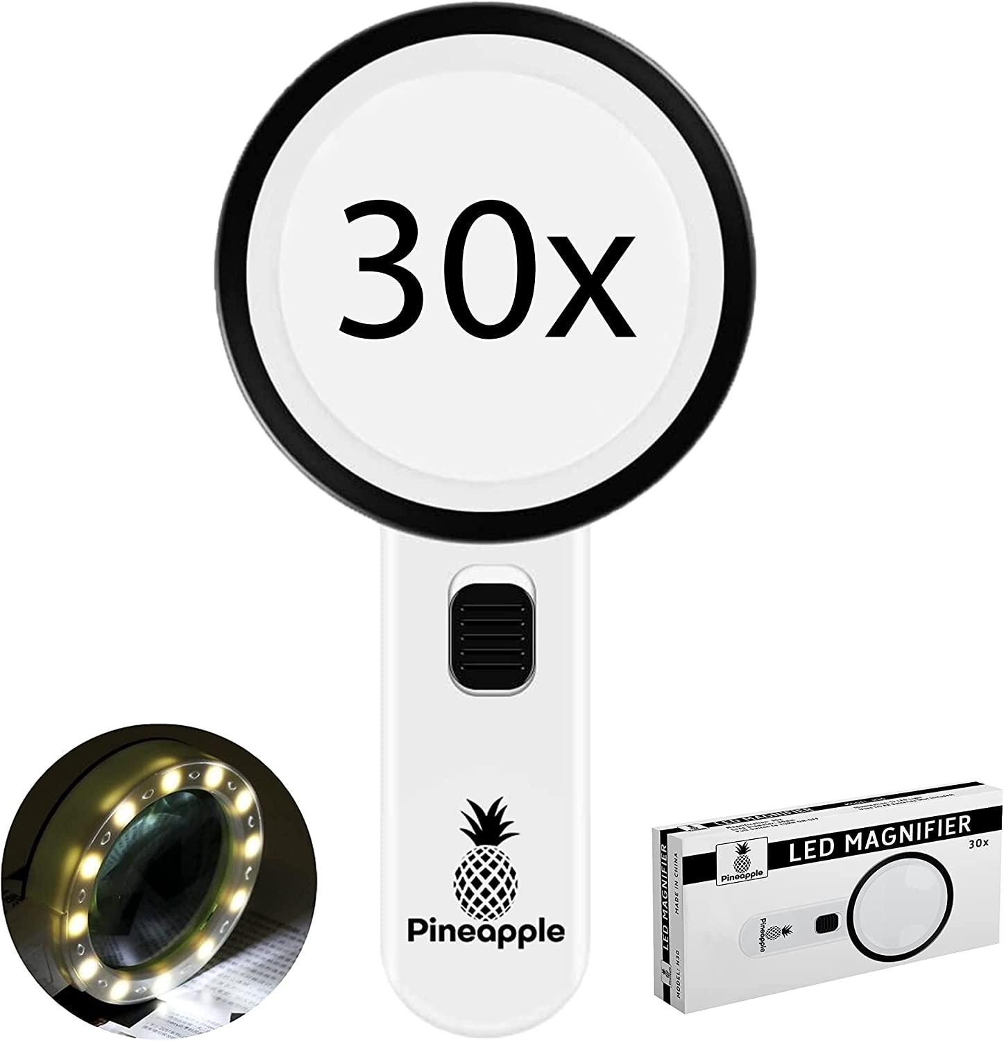 PINEAPPLE Magnifying Glass with Light, 10X Handheld Large Magnifying Glass  12 LED Illuminated Lighted Magnifier for Seniors, Reading, Macular