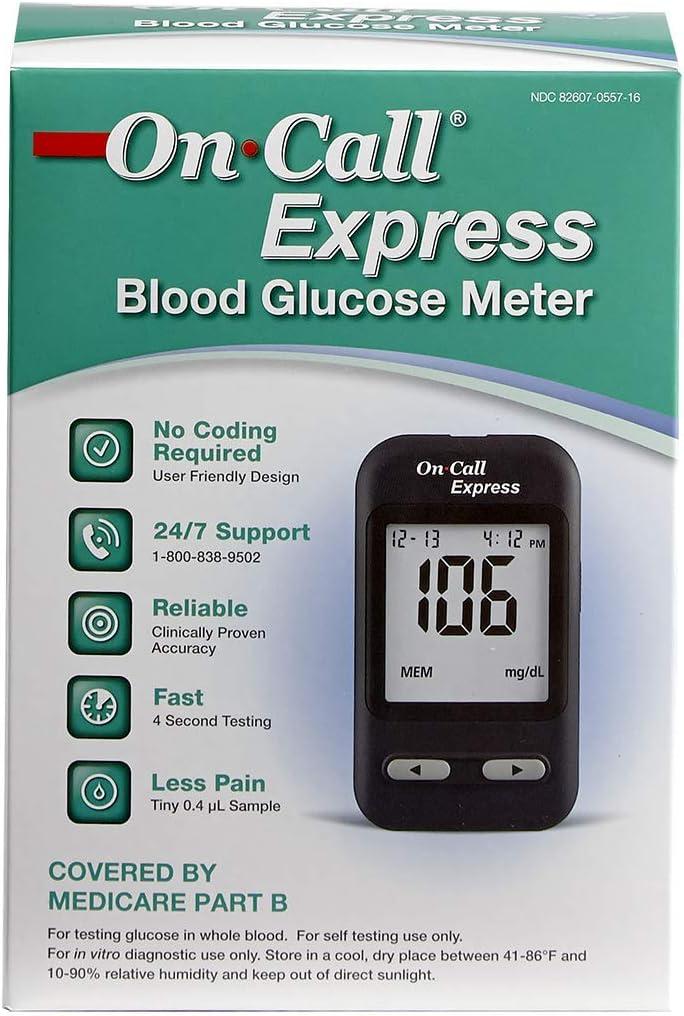 On Call Express Diabetes Testing Kit Blood Glucose Meter, 10 Blood Test Strips, 1 Lancing