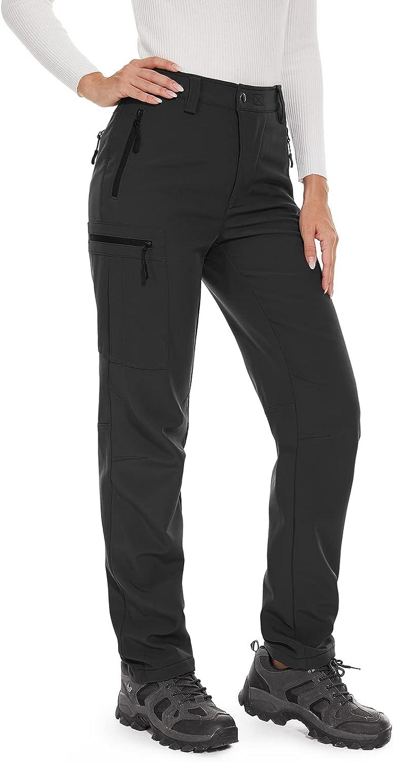 WULFUL Women's Waterproof Windproof Hiking Ski Snow Pants Fleece Lined  Softshell Insulated Winter Pants Black Medium