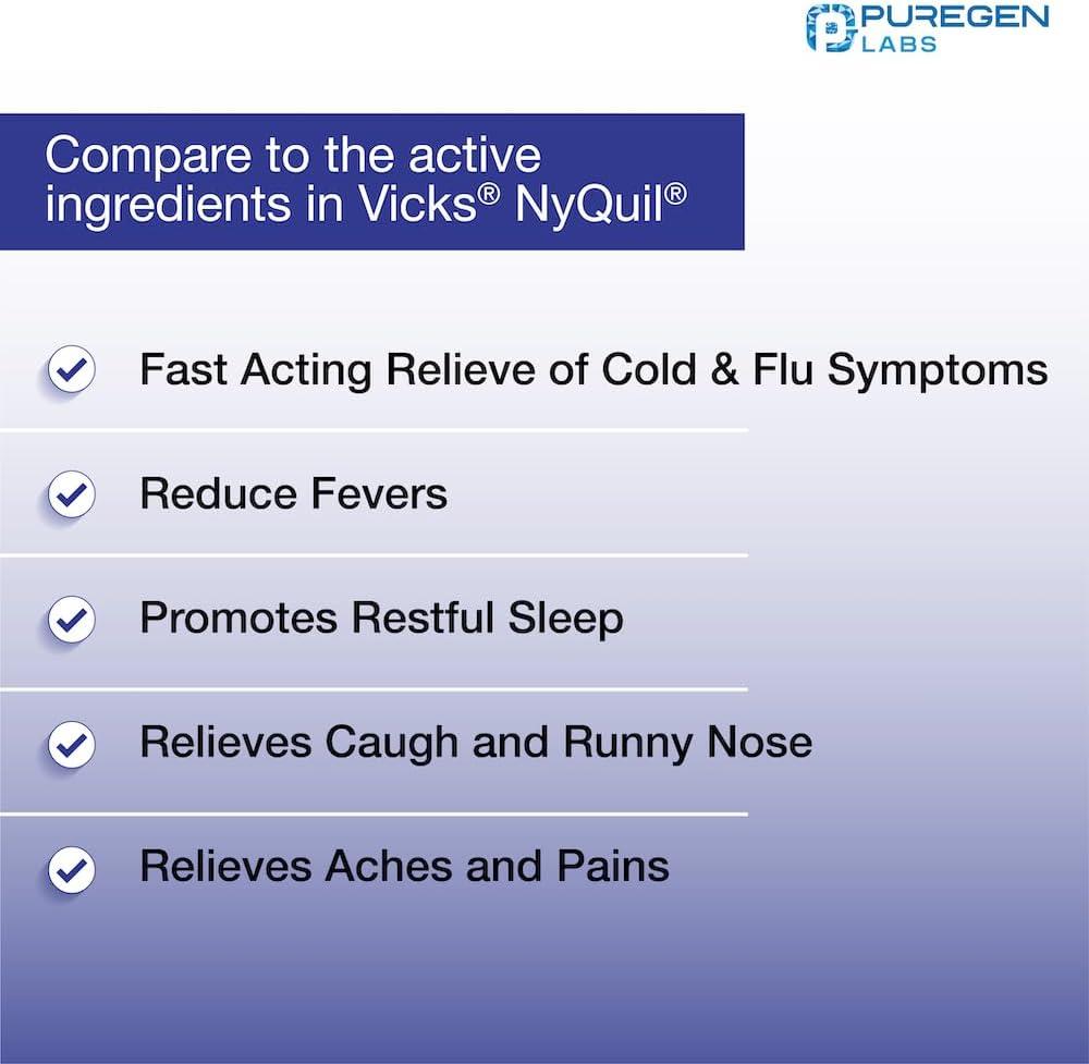 Puregen Labs Nighttime Cold and Flu Relief Medicine 50 Softgel Capsules for Sore Throat, Cough