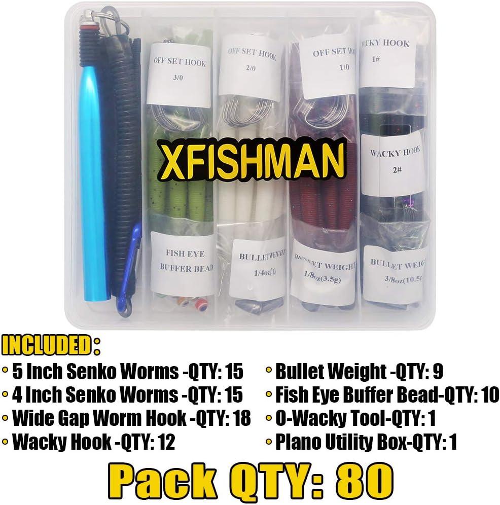 Senko Worm Bass Fishing Lure Kit 80 Pieces Set with Wacky Rig Worms