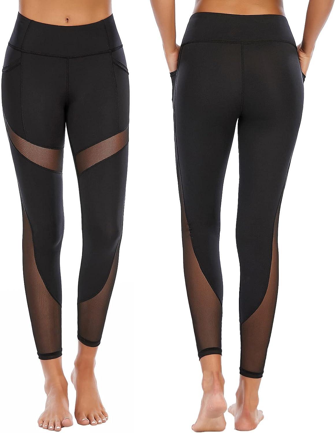 MRULIC yoga pants Stretch Yoga Mesh High Women's Waist Pants Stitching  Shorts Yoga Pants Black + L