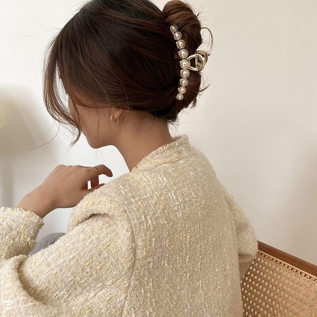 Vintage Metal Rhinestone Hair Claw Clips Large Size Imitation Pearl