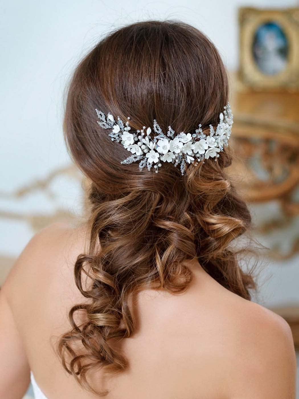 Catery Flower Bride Wedding Headband Silver Crystal Hair Vine Pearl Hair  Band Braid Headpiece Bridal Hair Accessories for Women (B-Silver-40CM)