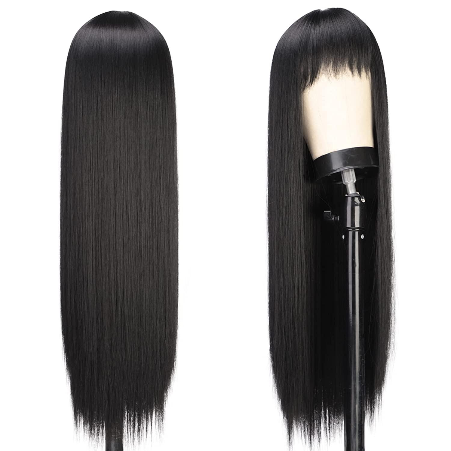 Earfodo Long Black Wig with Bangs Straight Wig For Women Middle Part