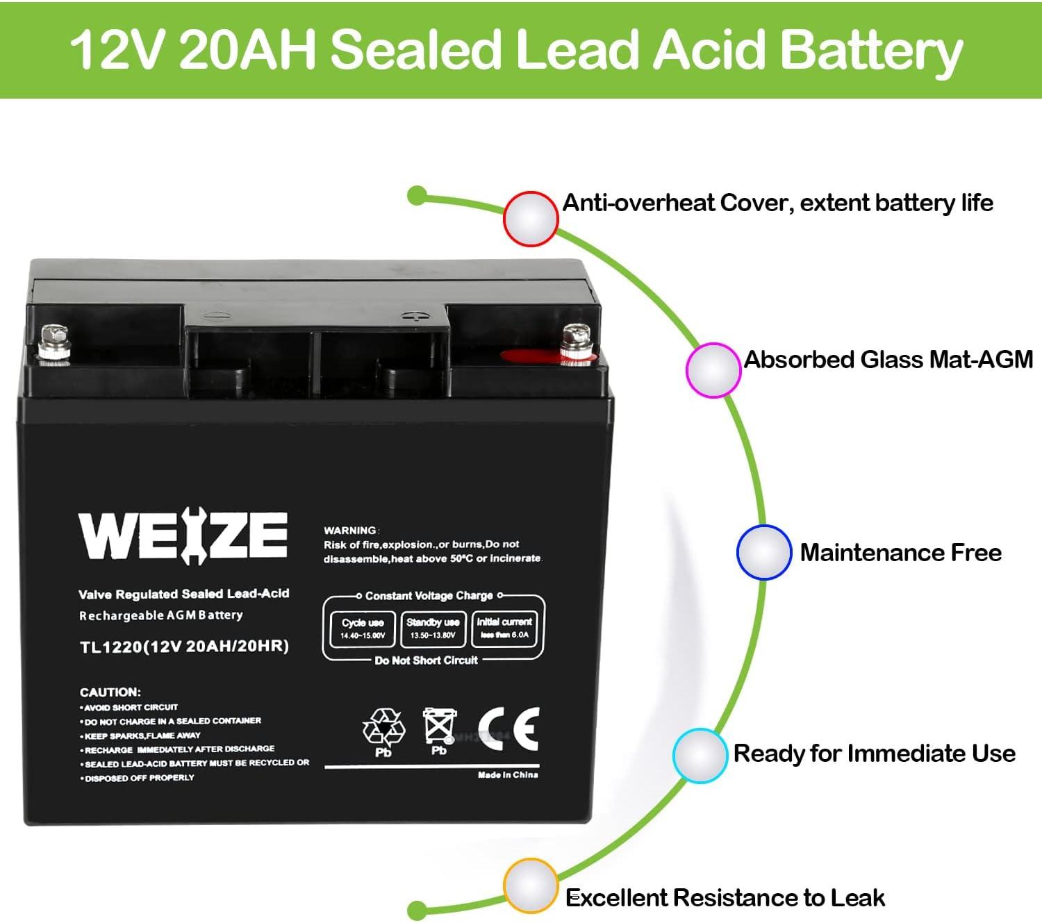 WEIZE 12V 20AH Lead Acid Battery Replace UB12200 FM12200 6fm20 EXP12200
