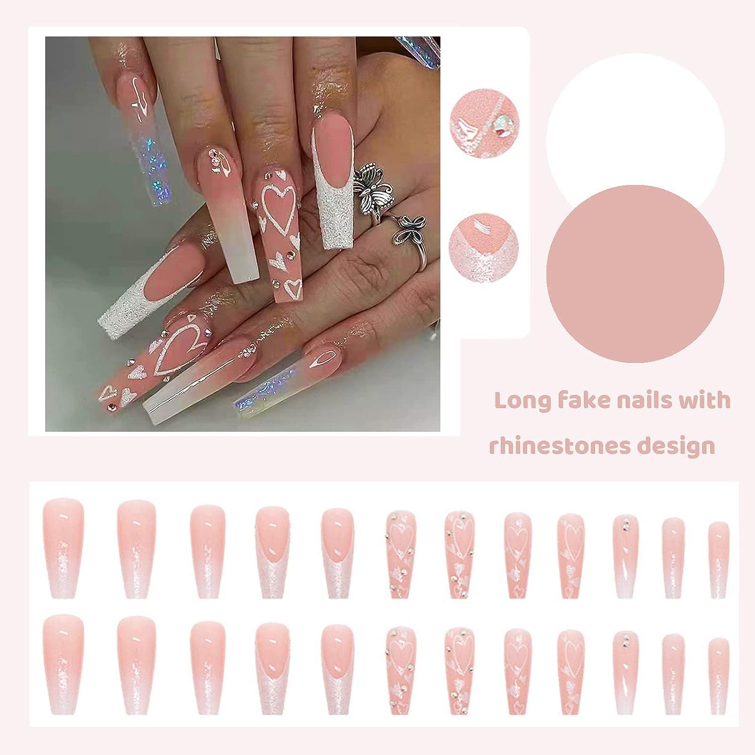 French Pink Heart Rhinestones Tips Fake Nails Long Coffin Press On Nails  Decor