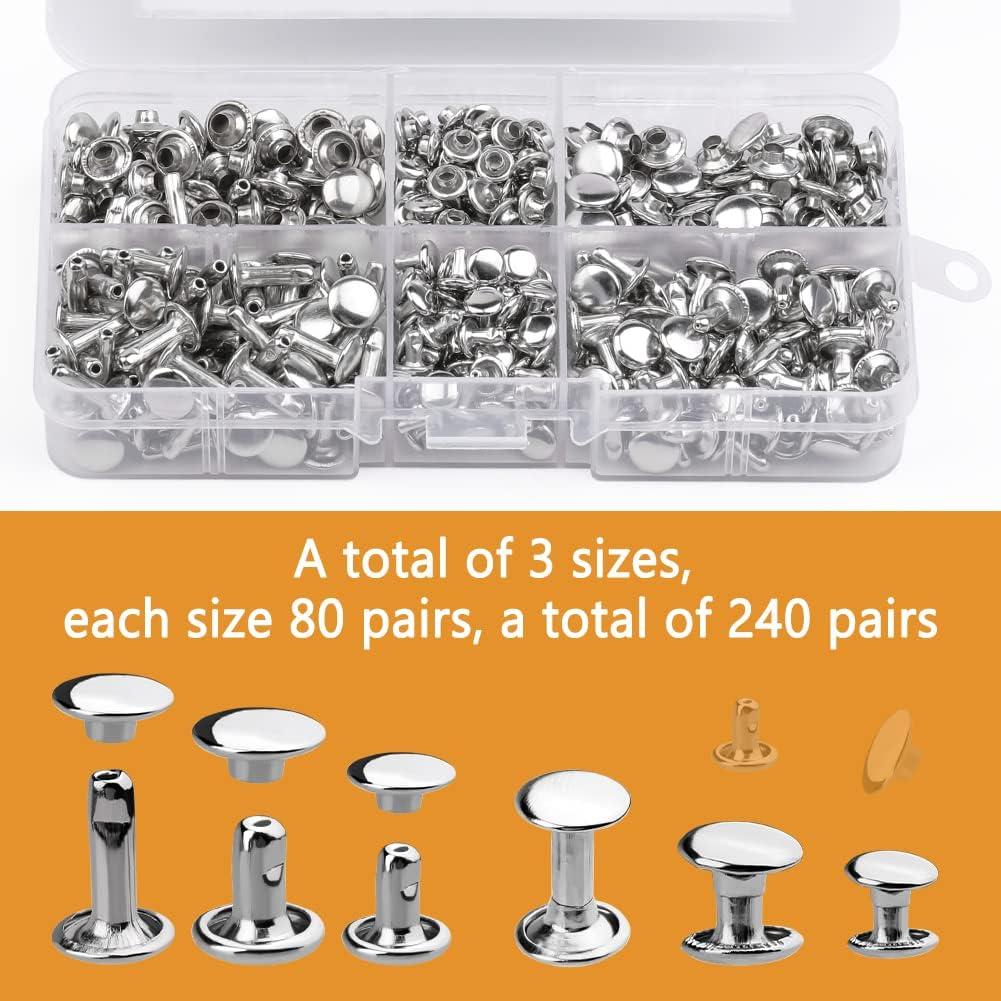 TLKKUE 240 Sets Rivets for Leather Leather Rivets 3 Sizes Leather Double  Cap Rivets for DIY Leather Craft Bags/Clothes/Shoes/Belts Decoration or  Repair (Silver)