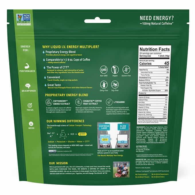 Liquid I.V. Energy Multiplier Yuzu Pineapple 24 Individual Stick Packs