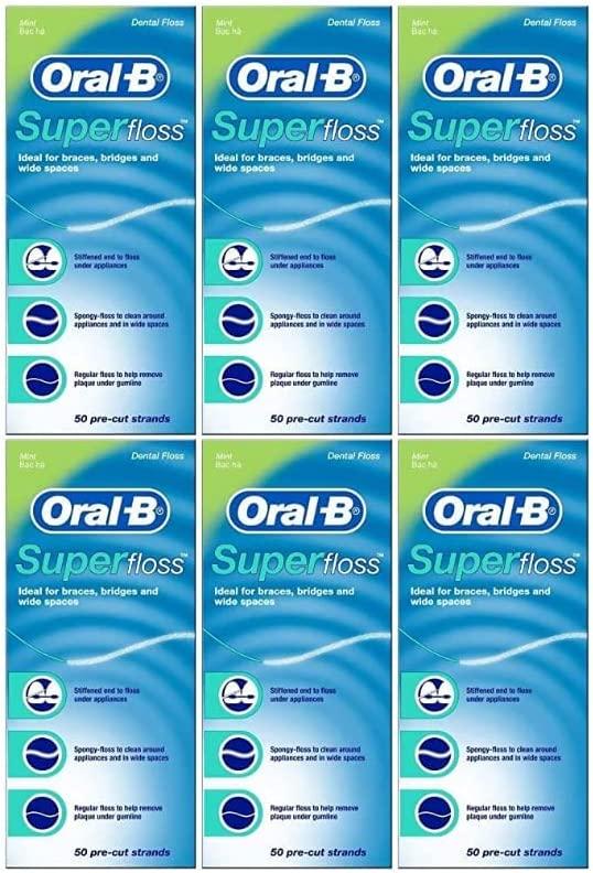 Oral-B Super Floss Mint Dental Floss for Braces Bridges - 50 Strips (Pack  of 6)